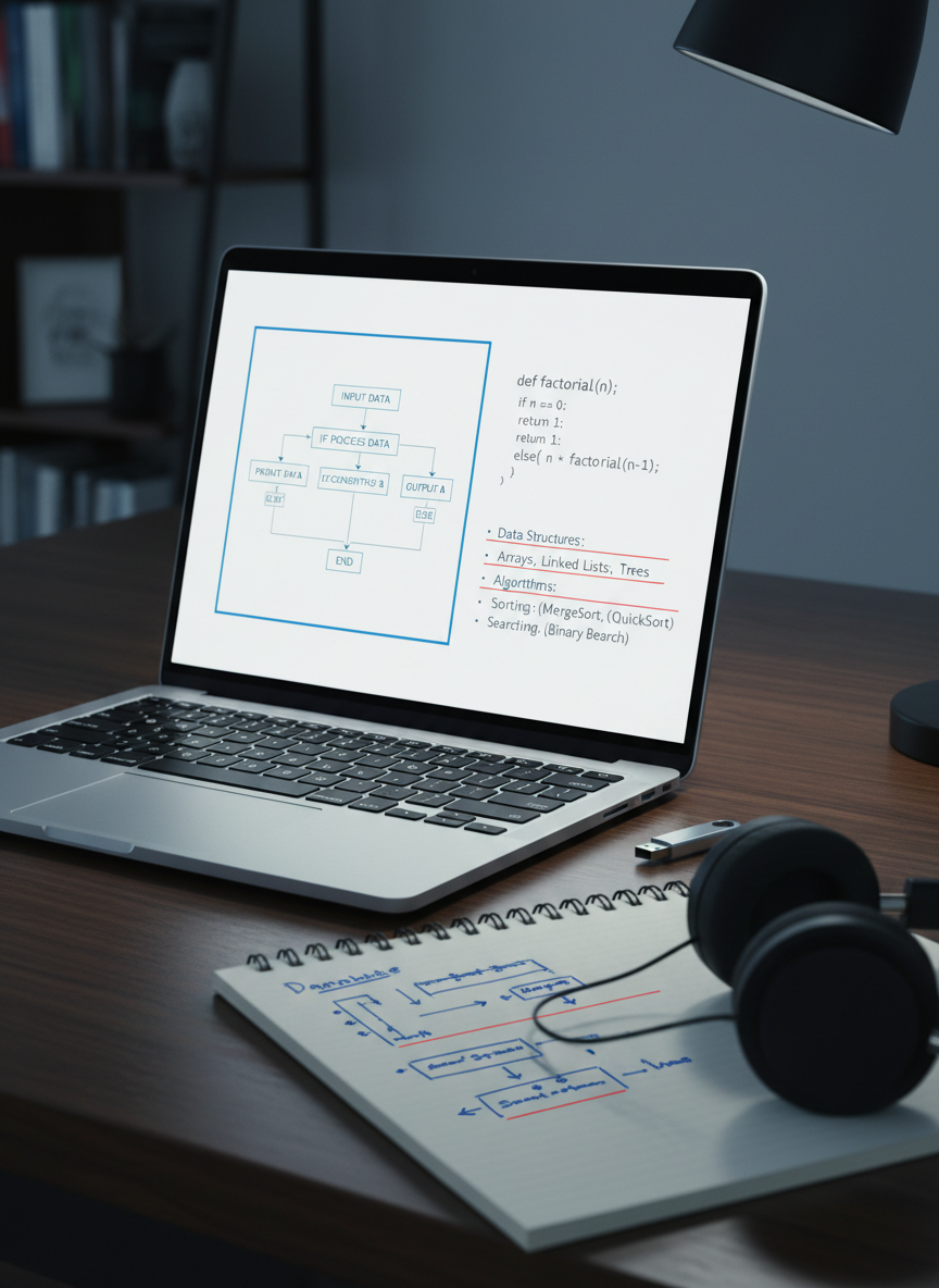 A close-up, photographic view of a high-resolution laptop screen displaying a detailed computer science diagram: flowcharts, code snippets, and structured notes arranged clearly on a white digital canvas. The laptop sits on a dark wooden table beside an open spiral notebook filled with neatly written algorithm steps and careful underlining. A slim USB key and a pair of minimalist black headphones rest nearby, hinting at course materials and virtual classes. Overhead, cool neutral lighting evenly illuminates the scene without harsh shadows, emphasizing clarity and precision. Shot from a three-quarter angle with a shallow depth of field, the background fades into soft blur, creating a focused, professional atmosphere ideal for illustrating structured, rigorous private programming instruction.