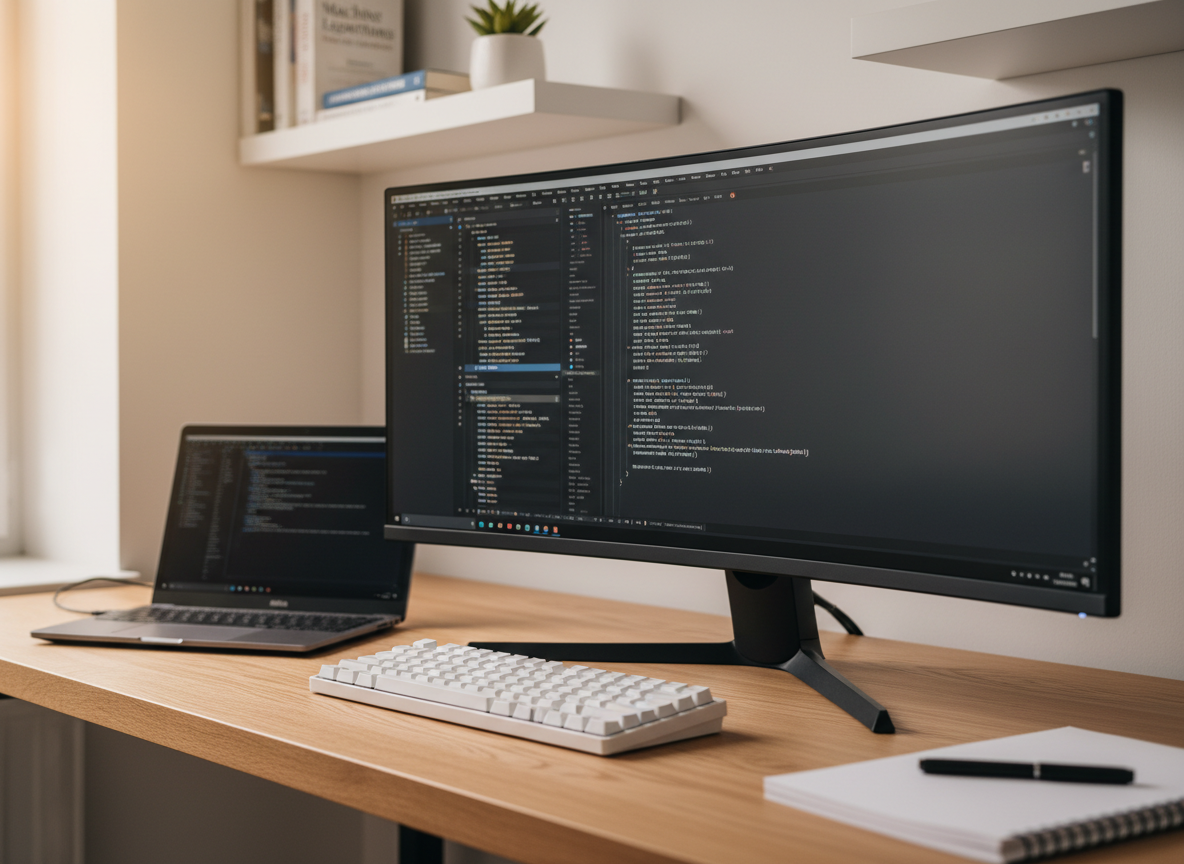 A modern, meticulously organized home office desk dedicated to computer science study, featuring a large ultra-wide monitor displaying clean lines of code in a dark theme, a compact mechanical keyboard with white keycaps, and a sleek black laptop slightly open beside it. The desk surface is light oak, uncluttered except for a closed notebook and a pen. In the background, minimalist shelves hold a few computer science textbooks and a small plant, softly blurred. Natural daylight from an unseen window creates even, gentle illumination with subtle reflections on the screens. Photographed at eye level in photographic realism, with a calm, professional atmosphere and a shallow depth of field that keeps attention on the digital workspace, ideal for an online programming course website.