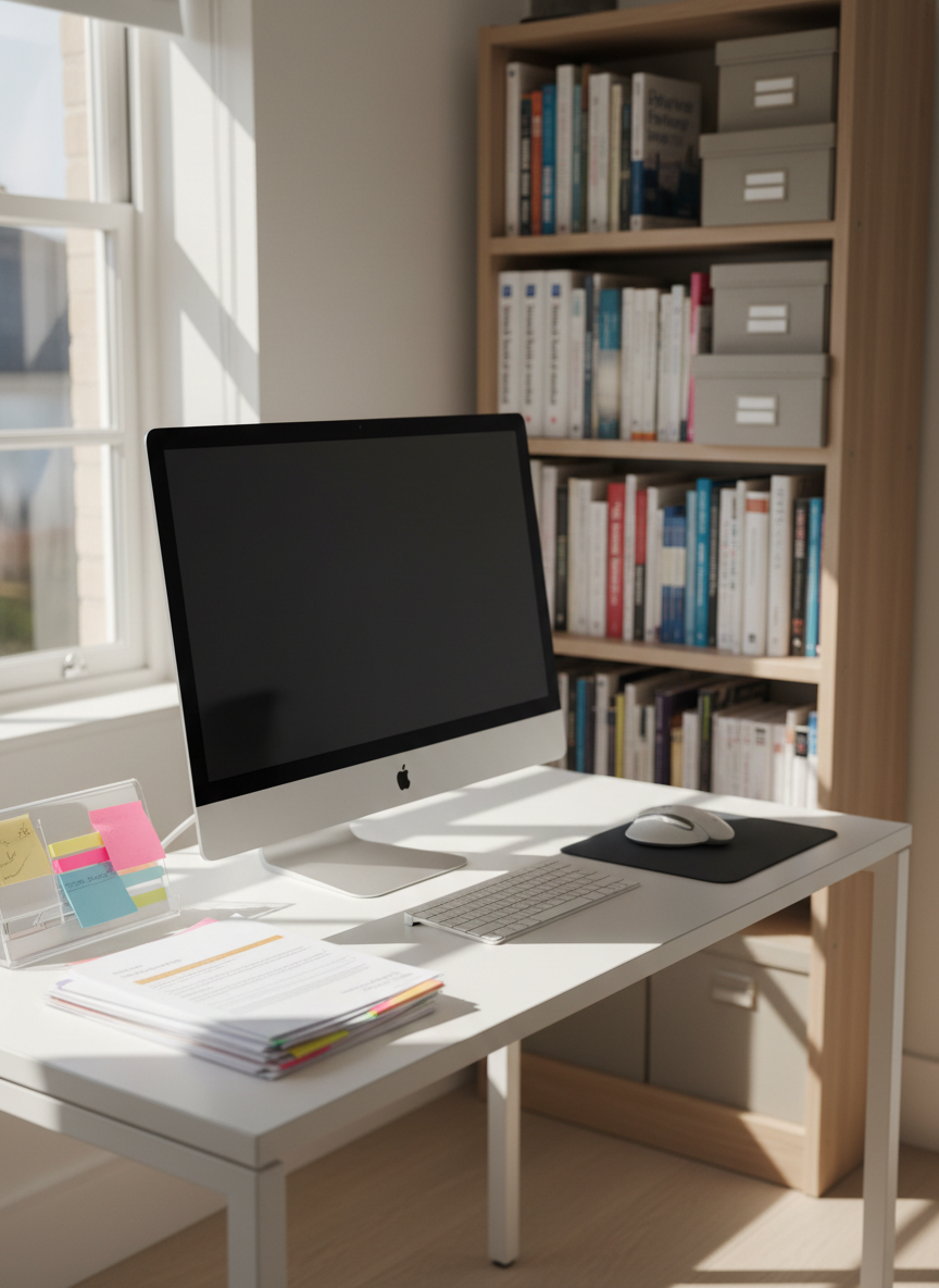 An elegant living room corner transformed into a dedicated home learning space for computer courses, with a slim all-in-one desktop computer centered on a simple white desk. Next to the monitor lies an orderly stack of printed lesson sheets, color-coded sticky notes, and a wireless mouse on a dark grey mousepad. The background reveals a neat bookcase with a few technology reference books and neatly labeled storage boxes, intentionally out of focus. Soft, diffused afternoon light enters from the side, casting gentle shadows and a warm, welcoming glow. Captured from a slightly elevated angle in clean, photographic realism, the composition follows the rule of thirds, communicating a serene, focused, professional environment for private computer lessons at home.
