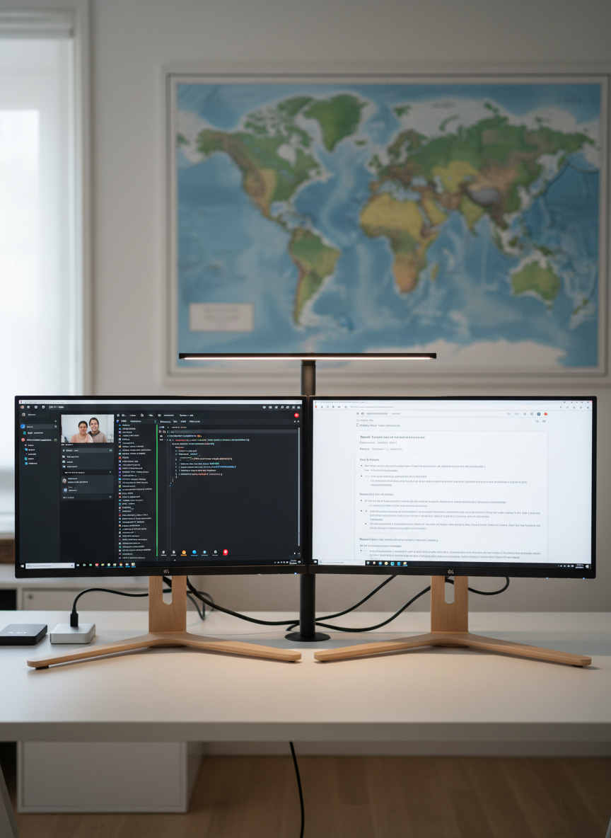 A spacious, minimalist desk setup designed for remote computer lessons, centered around a dual-monitor configuration: one screen showing a clean video conferencing interface with shared code, the other displaying a structured lesson plan in a document. The matte black monitors stand on a light beechwood desk, accompanied by a small external SSD, a USB-C hub, and neatly routed cables for a tidy, professional look. A large world map in muted colors decorates the far wall, faintly blurred. Cool, soft LED desk lighting combines with subtle natural light from the side, creating a balanced, low-glare environment. Photographed in photographic realism from a wide, slightly elevated perspective, the composition emphasizes clarity, organization, and the technical seriousness of online computer science teaching.