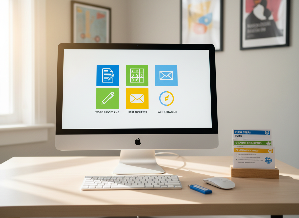 An educational corner focused on fundamental digital skills, featuring a mid-sized desktop computer with a bright, user-friendly interface displaying large icons for word processing, spreadsheets, email, and web browsing. Next to the monitor, a small stand holds printed step-by-step instruction cards, each with simple icons and bold headings. The desk surface is pale birch, with a basic wired mouse and keyboard, and a labeled USB stick resting nearby, suggesting prepared learning materials. Gentle daylight from an off-frame window bathes the area, creating a soft, reassuring atmosphere. Shot straight-on at eye level in clean, photographic realism, with a moderate depth of field that keeps all key elements sharp yet the background subtly subdued, embodying clear, patient, professional computer coaching.