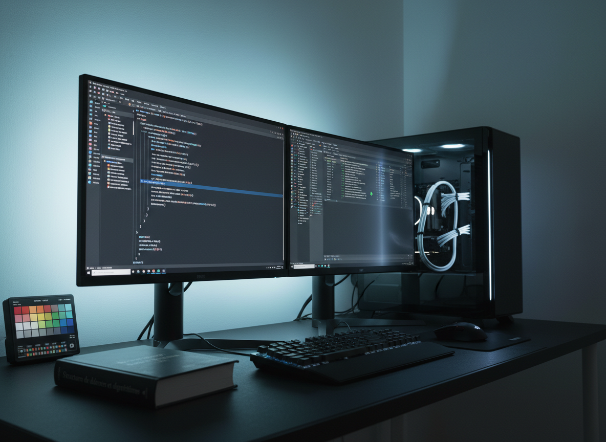 A technical, yet approachable workstation dedicated to advanced programming courses, featuring a powerful desktop tower with a transparent side panel revealing neatly arranged components, subtle white LED lighting inside, and tidy cable management. Two slim monitors display a dark-themed integrated development environment on one screen and a structured debugging session on the other. The matte black desk also holds a small external monitor calibrated color chart and a closed reference book labeled “Structures de données et algorithmes.” Ambient indirect LED lighting along the wall adds a cool, professional glow, with no harsh reflections. Photographed in high-clarity photographic realism from a low, slightly angled viewpoint, the scene feels precise, serious, and perfectly suited for expert-level private computer science instruction.